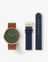 DUSTY OLIVE BROWN 34MM + NAVY LEATHER STRAP SET