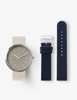 SMOKE GREEN OFFWHITE 34MM + NAVY LEATHER STRAP SET (SILVER)